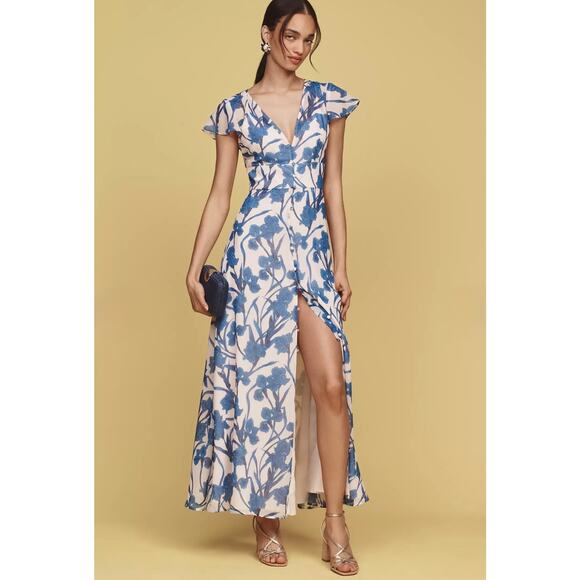 Hutch Nia Short Sleeve V-Neck Maxi Dress Cobalt Vining Orchids Size 0P NWOT